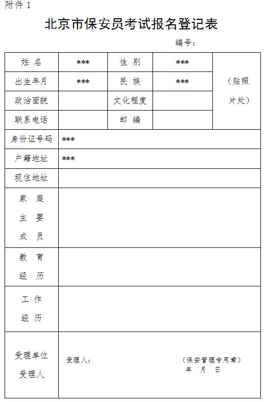北京市保安员考试报名登记表